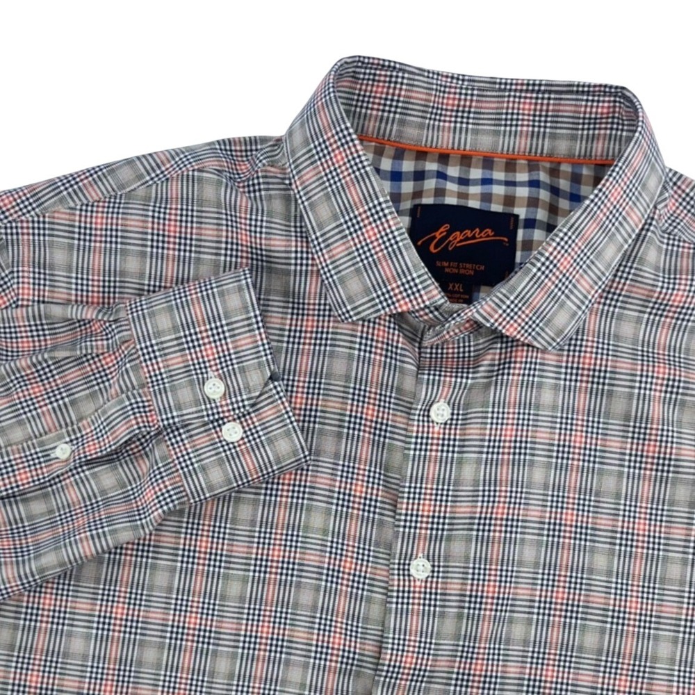 Egara Button Down Shirt Mens XXL Grey Blue Orange Plaid Slim Fit Stretch